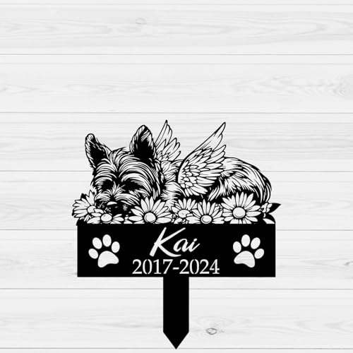 Personalized Dog Memorial Garden Stakes, Angel Yorkshire Terrier Sleeping on Flowers Remembrance Stake, 8-24 inch Yorkshire Terrier Grave Marker, Yorkie Memorial Gifts (Angel Sleeping on Flowers)