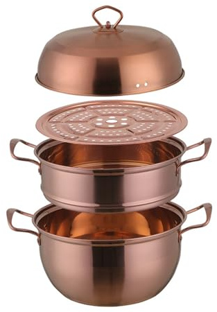 Stainless Steel Steamer 3-Tier 24.5cm, Steamer Pot Set with Stainless Steel Lid, Sturdy Handles for Safe Cooking, Induction & Gas Stove Use(Rose Gold)