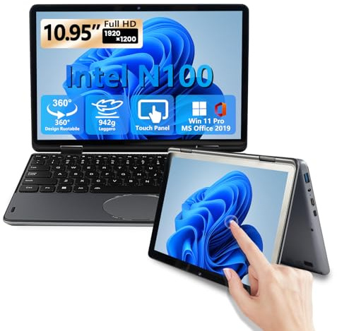 MOREPC Notebook 2 in 1 touchscreen da 10,95 pollici, con design a 360° Portatile leggero con processore N100 / Schermo IPS 1920x1200 16GB RAM DDR4 / Tastiera retroilluminata (Grigio, 16+256GB)