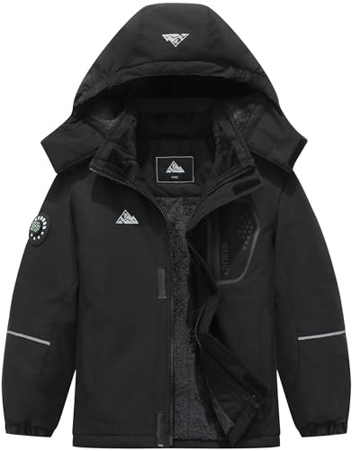 QUCOOM Boys Winter Snow Coat Kids Warm Ski Jacket Waterproof Fleece Snowboard Jackets Windproof Outdoor Hood Raincoat, black, 9-10