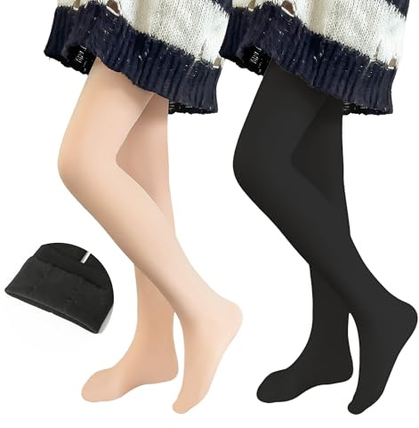 Domueay Bambina Collant Termico, 2 Paia, Bambini Morbido Calze Ballet con Fodera in pile, Elasticità Calzamaglia con piede Danza Scuola Calzini Inverno Abbigliamento 2-4 Anni, Nero & Pelle