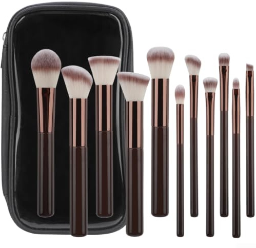 QOXEZY Makeupborstset för premium trähandtag, korrugerad silkesborste, för foundation ögonskuggsblandning och lös pulverapplikation, med trähandtag och resefodral (A)
