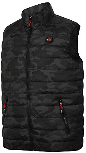 Lee Cooper LCVST708 Gilet Coupe-Vent Thermique Homme - Coupe Slim, Léger, Imprimé Camouflage, Rembourré, Imperméable - Noir Camo, X-Large