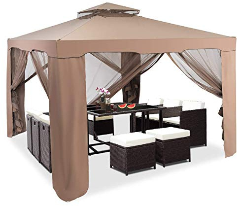 COSTWAY Carpa Plegable 3 x 3 x 2,65 m, Carpa Camping con Doble Techo, Cenador con Techo Gazebo Exterior con Estructura Metal, Impermeable y Protector Solar, para Fiestas Patio Camping, Marrón