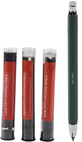 HEEPDD Juego de portaminas, lápiz de dibujo de carbón automático borrable de 4,0 mm con núcleos de carbón suave, medio y duro