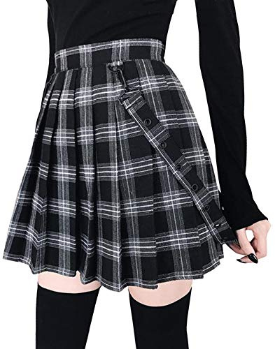 chouyatou Women's Cool Sweet A-Line Decorative Strap Plaid Pleated Mini Skirt (Large, Black)