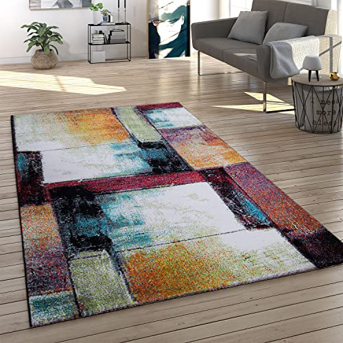Paco Home Teppich Wohnzimmer Kurzflor Abstrakt Geometrisches Muster Vintage Stil Modern Creme Rot Lila Gelb Türkis, Grösse:70x250 cm