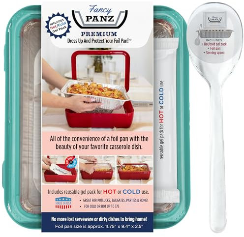 Fancy Panz - Aqua Premium Aluminum Foil Pan Carrier with Lid & Hot/Cold Pack - BPA Free, Made in the USA Elevated Food Serving Tray - Portable Casserole Carrier with Lid - Hosting Essentials