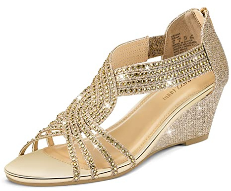 PIZZ ANNU Womens Sandals Mid Wedge Heel Sparkly Glitter Shoes for Ladies Strappy Rhinestones Bridal Wedding Prom Party Gold Size 4