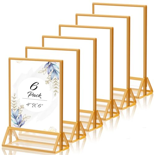 PPH-Sisy Gold Picture Frame 4X6 Acrylic Sign Holder Double Sided Clear Acrylic Frames Display Stand, Plastic Sign Holder for Wedding Table Numbers Menu Holder (6 Pack)