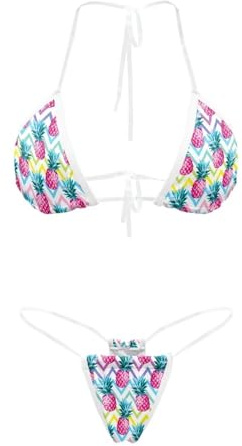 Suhoaziia Pineapple Sexy Mini Thong Bikini Sets Invisible Spaghetti Straps Party Bra Set Lingerie Swimsuit for Women Triangle Top Swimwear No Tan Line