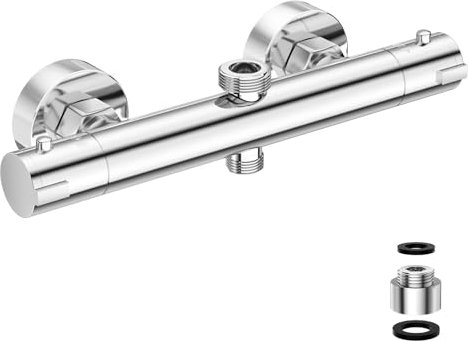 Marketero Thermostatic Shower Mixer Bar Two Outlet, Shower Mixer Taps Wall Mounted Thermostatic Dual Outlet Shower Valve Brass with TOP G 3/4 and Bottom G 1/2 for Bathroom - Silver