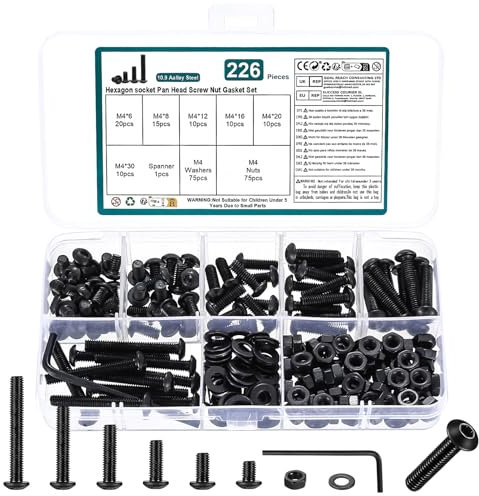 226 Pcs M4 Juego de Tornillos y Tuercas y Arandelas, Tornillos de Cabeza Hueca Hexagonal Cilíndrico, Métricos Tornillería Tornillos Cabeza Hexagonales Redonda para Reparación Máquinas, Negro