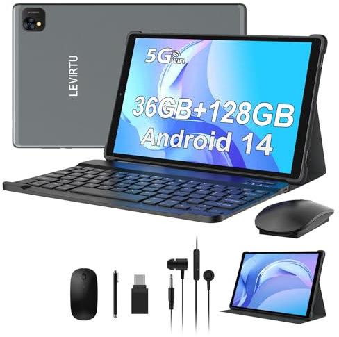 LEVIRTU Tablet 10 Pollici Android 14, 36GB RAM 128GB ROM,(1TB TF), Octa-Core,2.0Ghz 5G WiFi,1920x1200 Incell,8000mAh,13MP+8MP,BT5.0/GPS 2 in 1 Tablet con Tastiera Mouse, Grigio