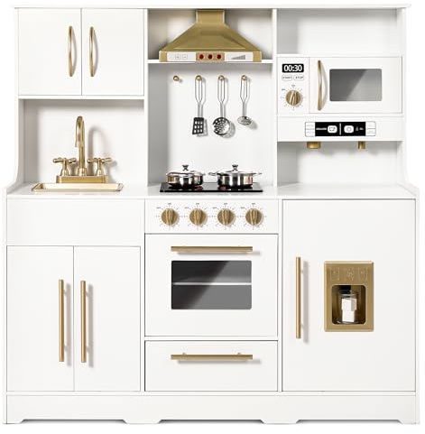 Kinder King Wooden Kids Play Kitchen, Toy Kitchen Playset for Toddler, Play Kitchen Set w/Real Sounds, Pretend Coffee Machine, Kitchen Hood, Sink, Ice Maker, Gift for Boys Girls Age 3+, White