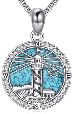 URONE fyrtorn kedja 925 sterlingsilver kompass halskedja berlock turkos smycke present för kvinnor