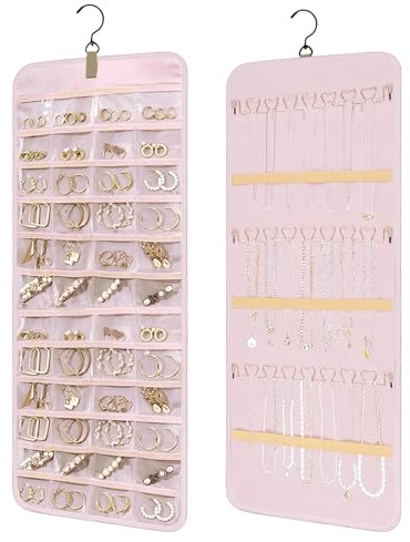 Organizador de Joyas Colgante,Organizador de Joyas Colgante de Doble Cara,con 48 Bolsillos y Ganchos,Almacenamiento de Cadenas para Colgar Pendientes,Collares,Anillos en Armario,Pared,Puerta
