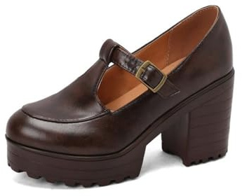 Donna Punta Tonda Pelle PU Mary Janes T - Cinturino Décolleté De Plateau con Fibbia Tacco Grosso A Blocco Vintage Scarpe da Vestito,Marrone,35 EU