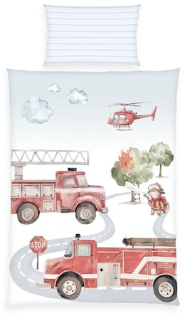 Herding babybest Bettwäsche-Set Feuerwehr, 40 x 60 cm + 100 x 135 cm, mit Reißverschluss, 100% Baumwolle/Renforcé, Mehrfarbig