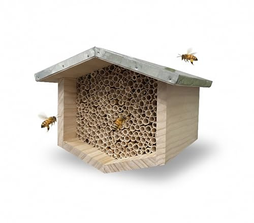 Relaxdays Bienenhotel, Holz, wetterfestes Metalldach, Schilfröhrchen, Garten, Insektenhotel zum Aufhängen, Natur/Silber