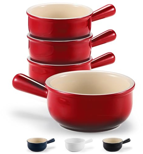 KooK French Onion Soup Bowls, French Onion Crocks, Bowl with Handles, 15 oz, Set of 4, Ceramic Bowls, Microwave, Dishwasher Safe & Oven safe, Stoneware (Red Ombre)