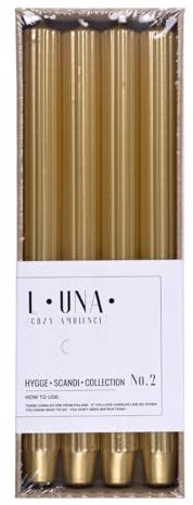 DONAU HOME Set di 4 candele lunghe a coste, dorate, 30 x 2,25 cm, senza profumo, candele da tavola per decorare il soggiorno, il bagno, 10 ore di durata