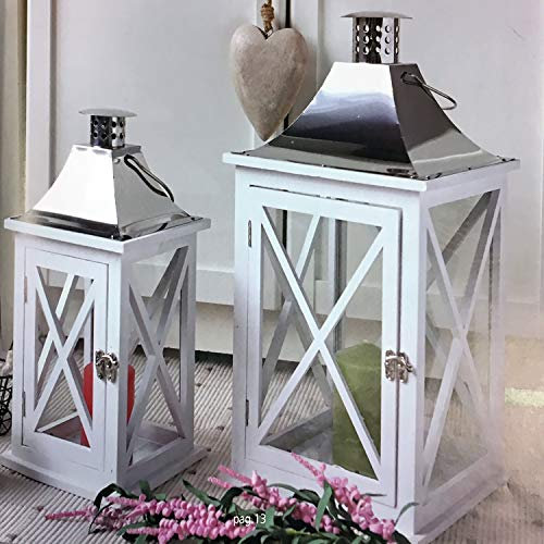 Mojawo 2er XXL Laternen Set Gartenlaternen Stalllaternen Massivholz Windlicht ca.18x18x38 cm + 26x26x49cm weiß mit Edelstahldach