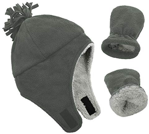 Century Star Baby Fleece Hat Warm Earflap Toddler Boys Winter Hat and Mitten Set 01 Dark Grey 3-12 Months