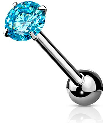 Tata Gisèle Piercing Langue Barbell en Acier Chirurgical 316L et Oxyde de Zirconium - Piercing Langue avec Zircon Rond Serti Quatre Griffes - (Argenté/Aigue Marine)