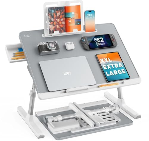 SAIJI Table lit pour Ordinateur Portable Pliante Réglable en Cuir PVC avec Tiroir de Rangement Déflecteur en Silicone Amovible, étagère à Livres, Fente Plate (Gris)