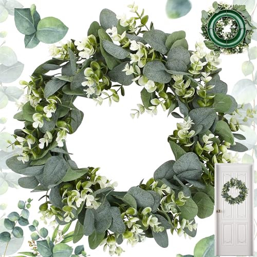 Couronne de Feuilles Vertes, Eucalyptus Couronne de Porte, Plastique Artificiel Guirlande, Couronne de Fleurs artificielles, Couronne de Pâques pour Porte, Mur, Cheminée, Fenêtre