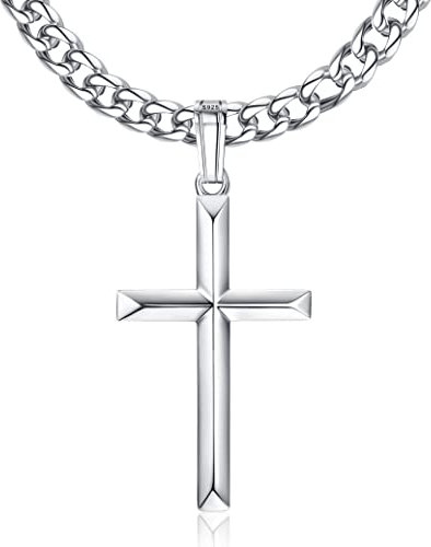 Roheafer 925 Sterling Silver Cross Necklace for Men With Stainless Steel Silver Cuban Chain Cross Pendant Necklace for women Religious Gifts Jewellery 18 20 22 24 26 30
