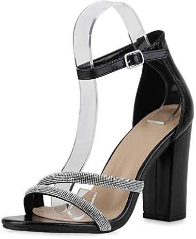 VAN HILL Damen High Heels Sandaletten Party Schuhe Blockabsatz Freizeitschuhe Strass Absatzschuhe Abendschuhe 211246 Schwarz 38
