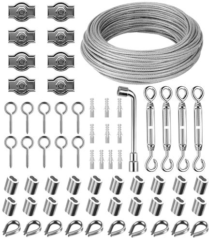 3mm 30m Cable de Acero Inoxidable, Nylon Cable Acero Kit, Cuerda de Alambre con Tensor Ojales, Cable Acero Plastificado para Cuerda Tendedero, Suspensión, Soporte Planta