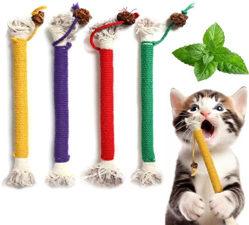 SUOXU Catnip Toy Bite Rope, Interactive Catnip Toy for Indoor Cats, Cat Teeth Cleaning Kitten Teething cat nip Chewing Toy Rope, Filled Natural Catnip Stress Release Cotton Rope Toys, 4 Pcs