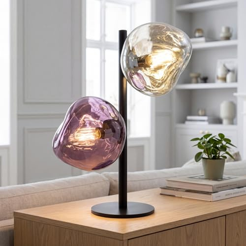 Licht-Erlebnisse Tischleuchte Glas Weiß Lila Metall E14 2-flammig 40 cm mundgeblasen verspiegelt Lava-Glas stilvoll dekorativ Stoffkabel Nachttischlampe Schlafzimmer