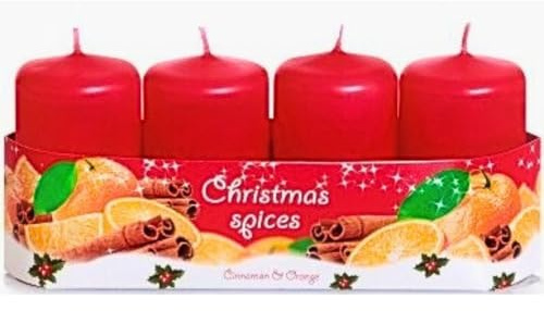 Set di 4 Candele dell'Avvento a Pilastro - Profumate alla Cannella, Colore Rosso - Corona dell'Avvento - Durata Circa 10 Ore