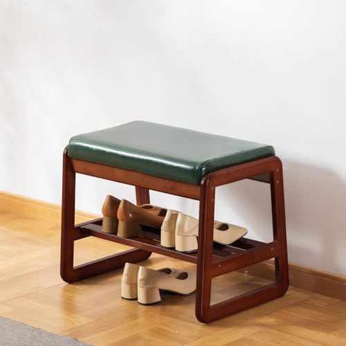SOBIBO Solid Wood Shoe Bench, 2-Tier Wooden Entryway Bench, Modern Shoe Rack with Faux Leather Cushion for Hallway, Living Room (Green, 21.65'')