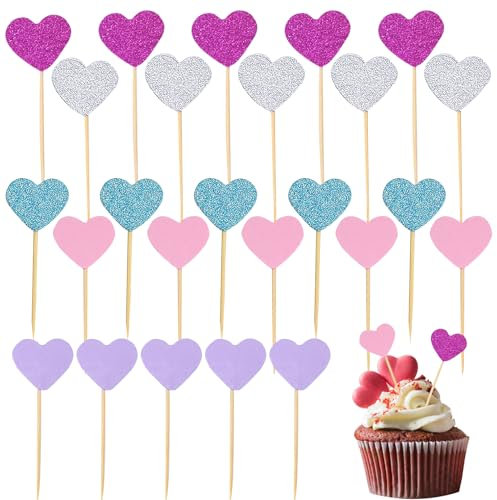 50Stk Muffin Deko Herz Cupcake Toppers, Herzen Tortendeko Glitzer Kuchen Deko Muffin Toppers für Hochzeit Geburtstag Valentinstag Deko Party Supplies (Mehrfarbig)