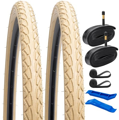 YUNSCM 2-PCS 700C Route Vélo pneus 700x38C/40-622 (Beige) and 700C Vélo Chambre à air Schrader Valve with Compatible with Vélo 700x36-40C Bike pneus and Chambre à air (Y-1045)