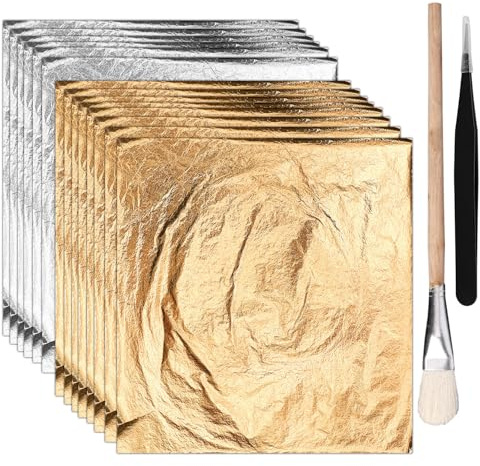 100st Bladguld för Konst och Förgyllningsarbete, 14x14cm Imiterade Guldfolieark med Pincett och Borste för Gör-Det-Själv-Projekt Målning Naglar Möbler Tavelramar Dekor (Guld & Silver)
