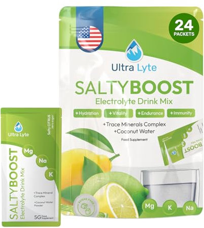 Ultra Lyte Sobres de mezcla de bebidas electrolíticas, polvo de electrolitos sin azúcar con alto contenido de sodio, oligoelementos y agua de coco, rehidratación para fitness (24 sobres, cítricos