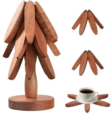 Sottopentola a Albero di Natale,Set 3+1 con Supporto in Legno Naturale,Resistente al Calore per Pentole e Decorazione