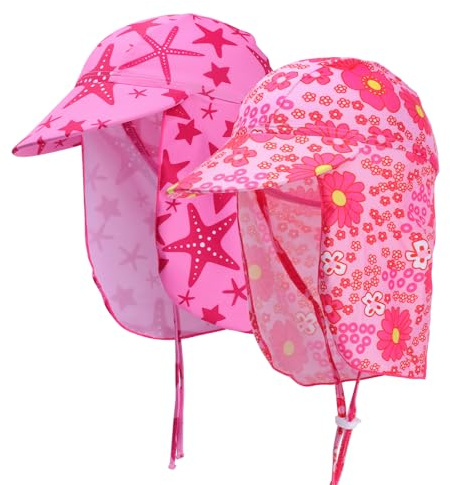 Mayoii 2 Pcs Baby Sun Hat Todder Swim Cap UPF 50+ Summer Cap with Strap Adjustable Flap Sun Protection Beach Hat for 1-7 Years (UK, Alpha, One Size, Baby, Muiticolor-pink2)