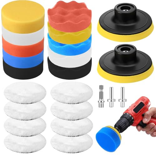 23 Pz 76mm Kit Tamponi Lucidatura Auto, Lucidare Auto Platorello per Trapano, Kit di Spugne Lucidanti in Lana per Lucidatura Levigatura Ceratura Accessorio, con M10 Adattatore per Trapano