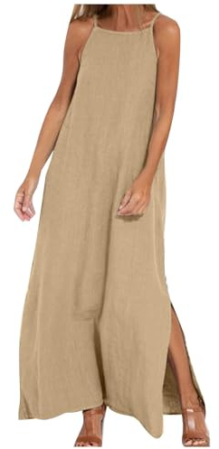 Vestido midi de algodón y lino para mujer, vestido de verano casual sin mangas con bolsillo, vacaciones, tirantes delgados, dobladillo con abertura, vestido de verano para mujeres pequeñas