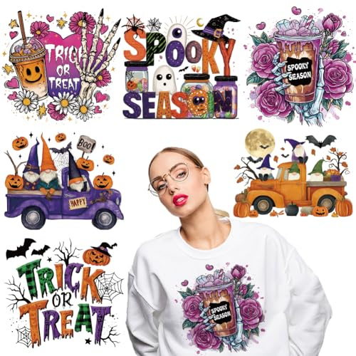 arricraft 6 Pcs Halloween Theme Heat Transfer Film Logo Stickers Set, 6 Styles Ghost Hands Skulls Halloween Dwarves Heat Transfer Stickers Iron on Decals for T-Shirts Patches Bags Hats DIY Crafts