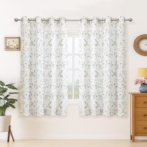 Simplebrand Natural Floral Printed Linen Curtains 137 cm Drop, Semi-Transparent Net Privacy Room Darkening Curtains for Bedroom and Kithcen with Eyelet, 2 Panels 140x137 CM