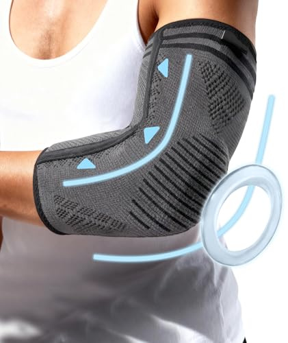 Gomitiera Uomini Donne Supporto con Compressione per il Braccio, Unisex Gomito del Tennista/Golfista Con Cuscinetto in Gel e Doppio Stabilizzatore, Comfort Duraturo, Grigio-Nero, XL