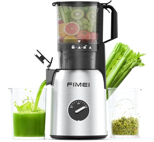 FIMEI Extractor de Zumos y Verduras, Licuadora Prensado en Frio para Verduras Frutas Enteras con Apertura de 135 MM, Fácil Montaje y Limpieza, Extractor de Jugo Incluye 2 Vasos, Sin BPA, Base inox